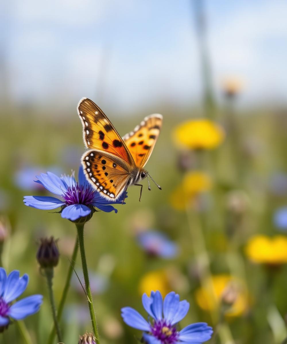 A painted lady on cornflower