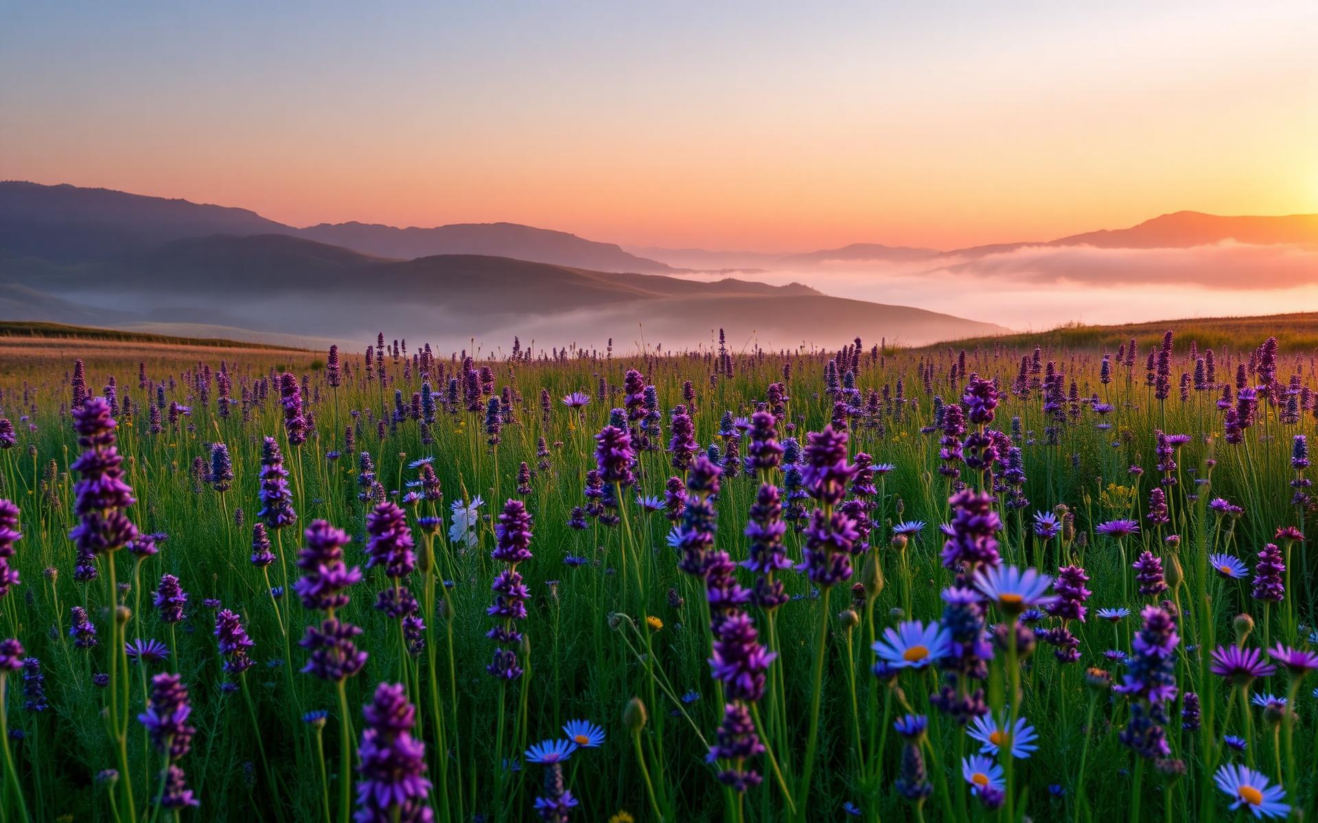 A wildflower meadow at sunrise, mist over distant hills
